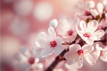 Generative AI illustration of spring banner, branches of blossoming cherry against pink background and nature outdoors. Pink sakura flowers, dreamy romantic image spring, copy space.