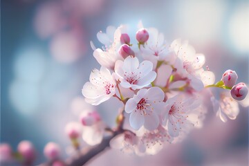 Obraz na płótnie Canvas Generative AI illustration of spring banner, branches of blossoming cherry against pink background and nature outdoors. Pink sakura flowers, dreamy romantic image spring, copy space.