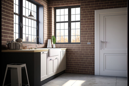 An internal corner of a contemporary kitchen features white brick walls, a concrete floor, big windows, and wooden worktops. simulated toned image. Generative AI