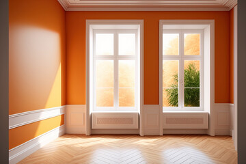 Fototapeta na wymiar Mockup Interior of the Sunny Room with Orange Walls, Three Windows, White Ceiling Cornice, Glossy Herringbone Parquet Floor and a White Plinth. with a Work Path on the Window. Ultra HD 8K. Generative