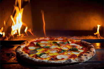 Foto op Plexiglas Generative AI illustration of Italian pizza is cooked in a wood-fired oven. © CravenA