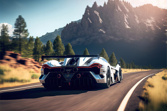 white hypercar sportcar on the mountain road, generative ai