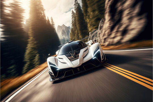 white hypercar sportcar on the mountain road, generative ai