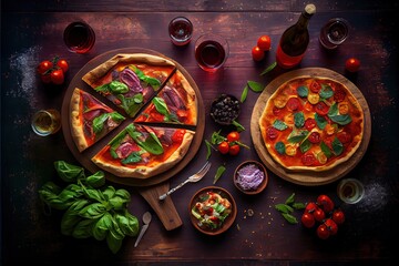 Obraz na płótnie Canvas Generative AI illustration of pizza party dinner. Flat-lay of various kinds of Italian pizza, salad and red wine in glasses over rustic wooden table, top view, wide composition