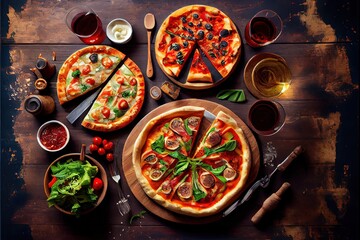 Generative AI illustration of pizza party dinner. Flat-lay of various kinds of Italian pizza, salad and red wine in glasses over rustic wooden table, top view, wide composition
