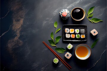 Generative AI illustration of set of sushi, maki and green tea on stone table. Top view