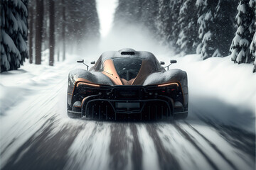 black hypercar sportcar on the snowy road, generative ai