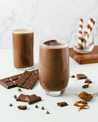 iced chocolate drink decorate with chocolate bar and biscuit in the white backdrop