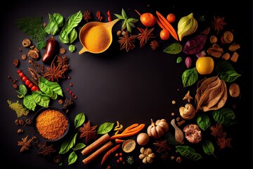 Generative AI illustration of wide variety spices and herbs on background of black table, with empty space