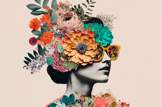 Portrait of a woman with lots of flowers. Abstract trendy art paper collage design. Generative ai