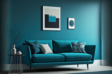 simple poster for an interior Blue living room wall with a contemporary sofa and other furnishings should be mocked up. duplicate space. Generative AI