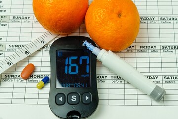 Medical equipment to measure blood glucose level with a lancing device with a pen. Testing blood...