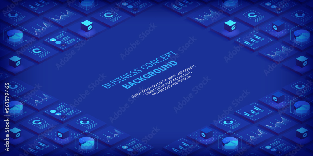 Poster business and finance abstract vector isometric background. online statistics and data analytics. dig