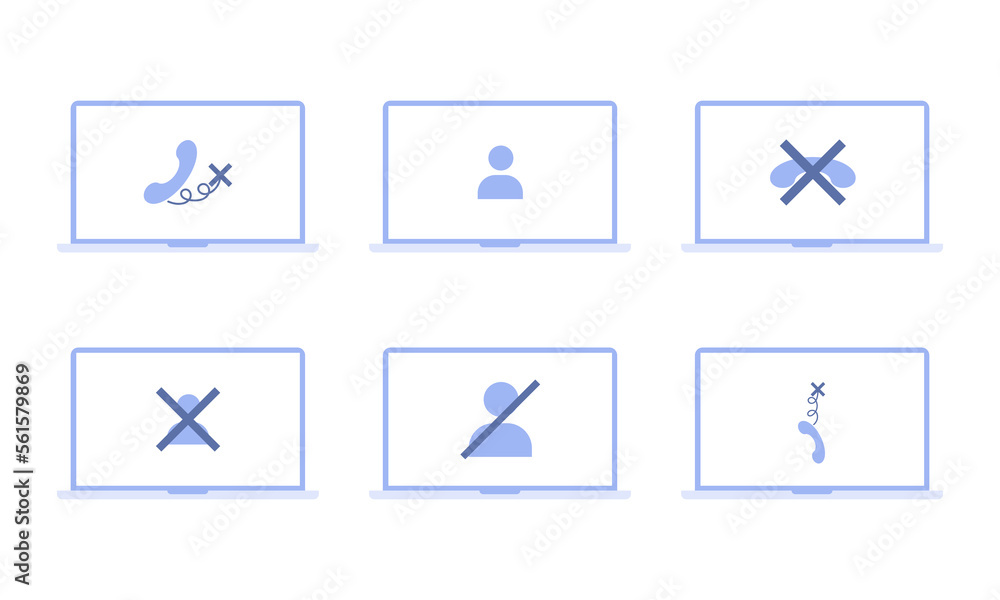 Poster no signal or lost connection. set of illustrations with different icons on a laptop