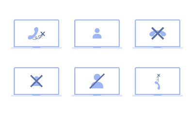 No signal or lost connection. Set of illustrations with different icons on a laptop