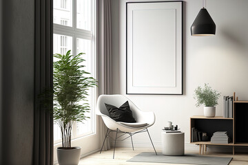 Poster frame mockup with modern furnishings in a Scandinavian environment. Interior decor that is minimal. Generative AI