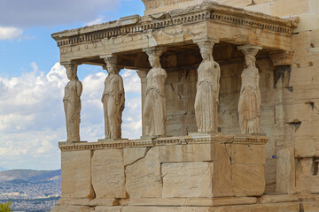 Fototapeta premium The Porch of the Maidens, the Erechtheion, Athenian Acropolis. Athens, Greece, Southern Europe, travel destination, vacation, ancient history, Unesco world heritage site.