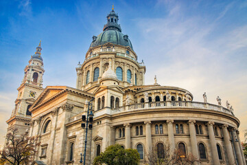 Scenic St. Stephen's Basilica exterior at sunset in Budapest