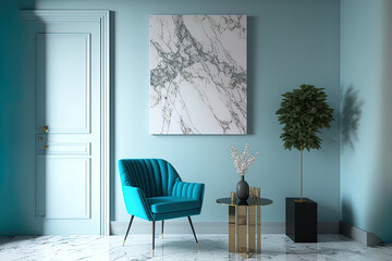 Mockup of a home's interior featuring a blue chair, a marble table, and tiffany blue wall art in the living area,. Generative AI