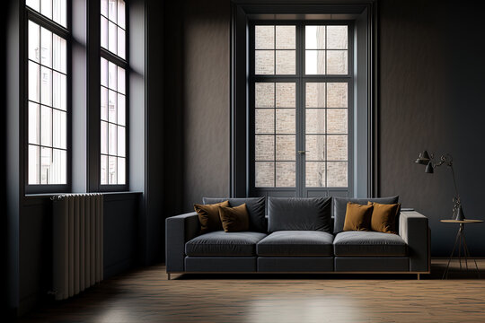 Interior of a vacant living room with loft windows, dark gray walls, and a brown sofa on a wooden floor. a mockup. Generative AI