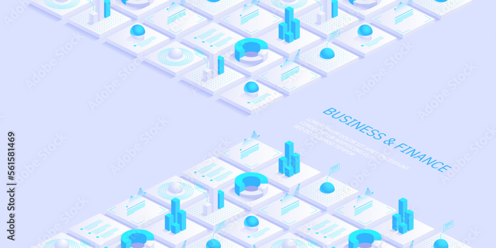 Poster business and finance abstract vector isometric background. online statistics and data analytics. dig