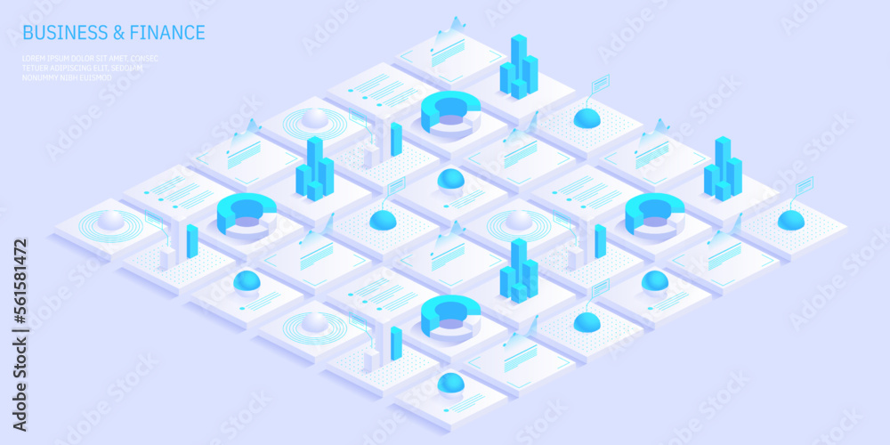 Poster business and finance abstract vector isometric background. online statistics and data analytics. dig