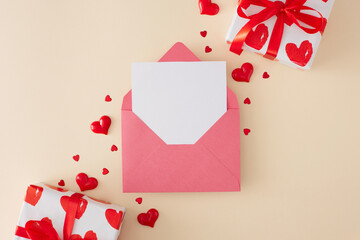 Valentines Day concept. Flat lay photo of red envelope with letter, gift boxes with ribbons and heart shaped baubles on beige background. Lovers holiday card idea.