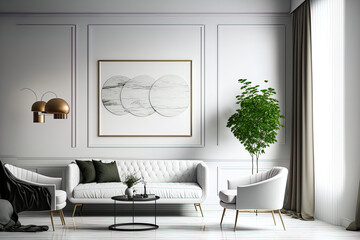 Mock up minimalist living room in white color with sofa and armchair. Scandinavian style,. Generative AI