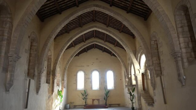 The ancient refectory used by the monks of  Fossonova, an abbey in central Italy.