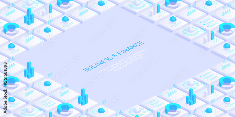 Poster business and finance abstract vector isometric background. online statistics and data analytics. dig
