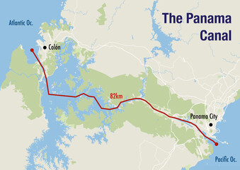 Map of the Panama canal, illustrating the route from the Pacific to the Atlantic ocean