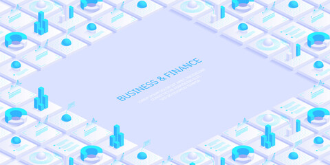 Business and finance abstract vector isometric background. Online statistics and data analytics. Digital money market; investment and trading. Perfect for web design; banner and presentation.