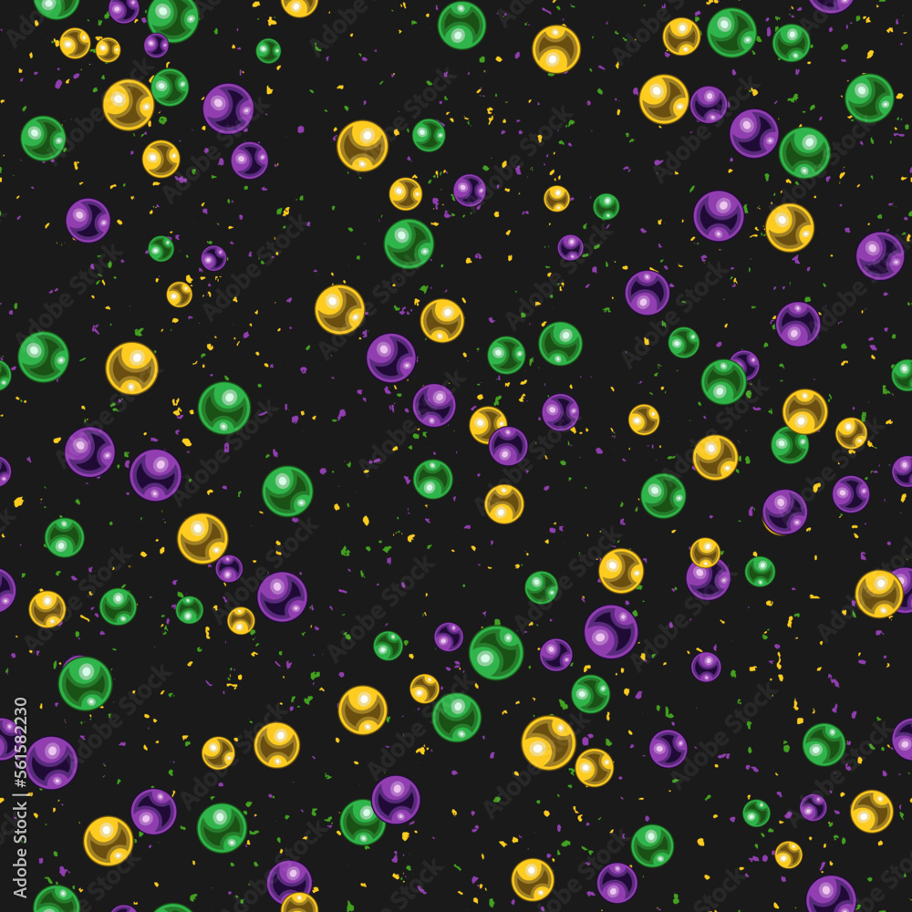 Poster seamless mardi gras pattern with random scattered beads on dark textured background. various size of