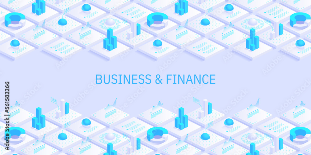 Poster business and finance abstract vector isometric background. online statistics and data analytics. dig