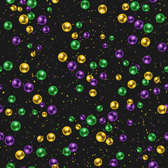 Seamless Mardi Gras pattern with random scattered beads on dark textured background. Various size of elements. Vector illustration