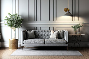 Wooden retro living room in white and gray tones. Fabric sofa, parquet, decors and wall mockup. Farmhouse interior design, 3d illustration. Generative AI