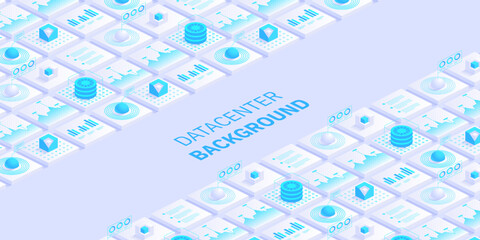 Abstract datacenter or blockchain vector isometric background Hosting server room cloud storage technology and big data processing Digital information Network mainframe infrastructure website layout