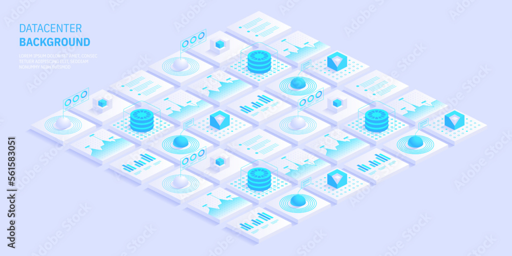 Poster abstract datacenter or blockchain vector isometric background hosting server room cloud storage tech