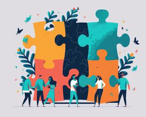 Business concept. Team metaphor. people connecting puzzle elements. illustration flat design style. Symbol of teamwork, cooperation, partnership concept (ai generated)