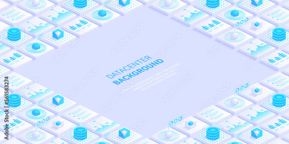 Poster abstract datacenter or blockchain vector isometric background hosting server room cloud storage tech