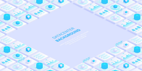 Abstract datacenter or blockchain vector isometric background Hosting server room cloud storage technology and big data processing Digital information Network mainframe infrastructure website layout