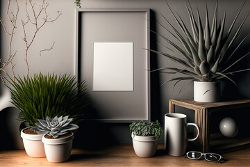 A chic house interior features a mock up photo frame on a brown wooden table along with office supplies, an instant camera, tillandsia plants in decorative pots, and other plants. walls of gray. simpl