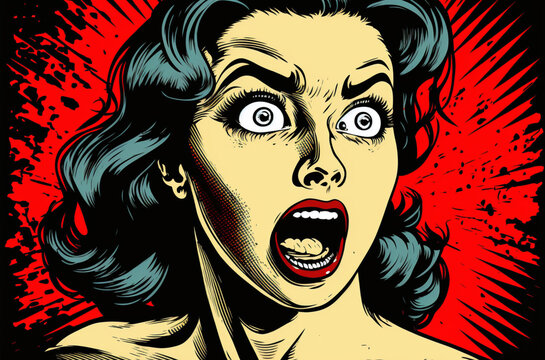 Pretty woman shocked, scared. Comic style