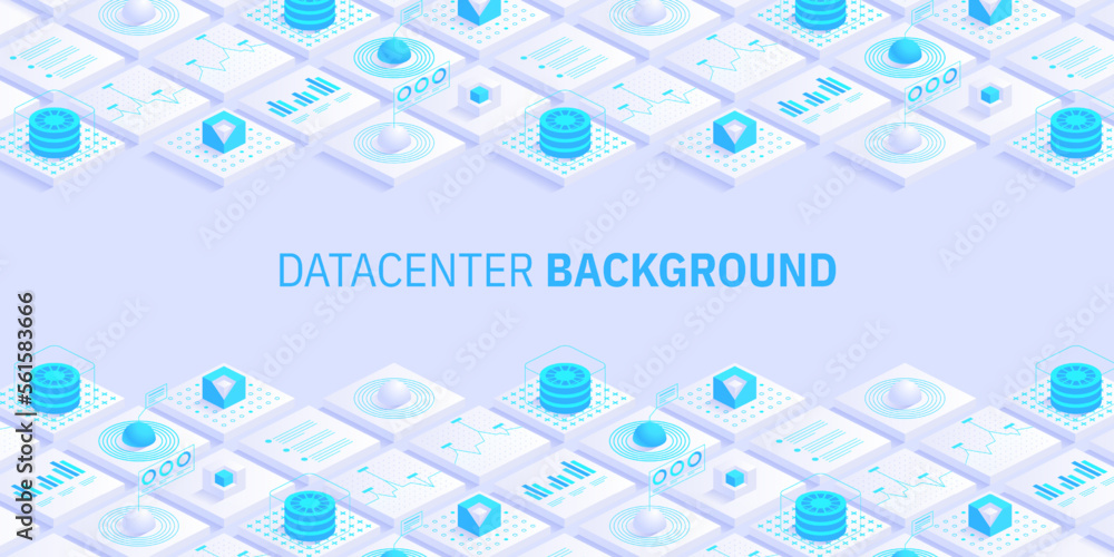 Poster abstract datacenter or blockchain vector isometric background hosting server room cloud storage tech