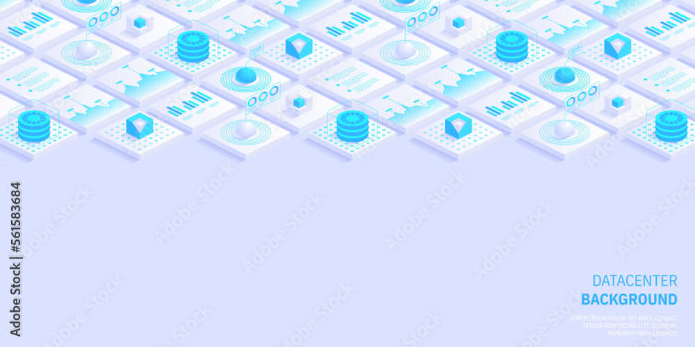 Poster abstract datacenter or blockchain vector isometric background hosting server room cloud storage tech
