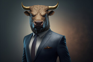 portrait of a bull dressed in a formal business suit, generative ai - obrazy, fototapety, plakaty