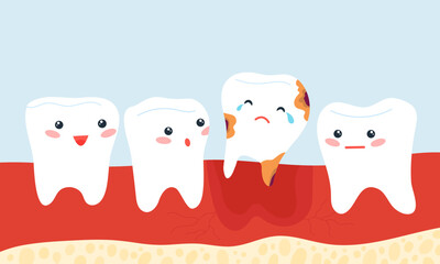 Cartoon sick tooth with caries falls out. Dentistry, pediatric stomatology banner for children. Dental health, vector teeth mascot disease and treatment