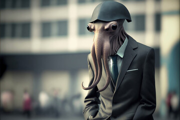 portrait of a squid dressed in a formal business suit, generative ai 