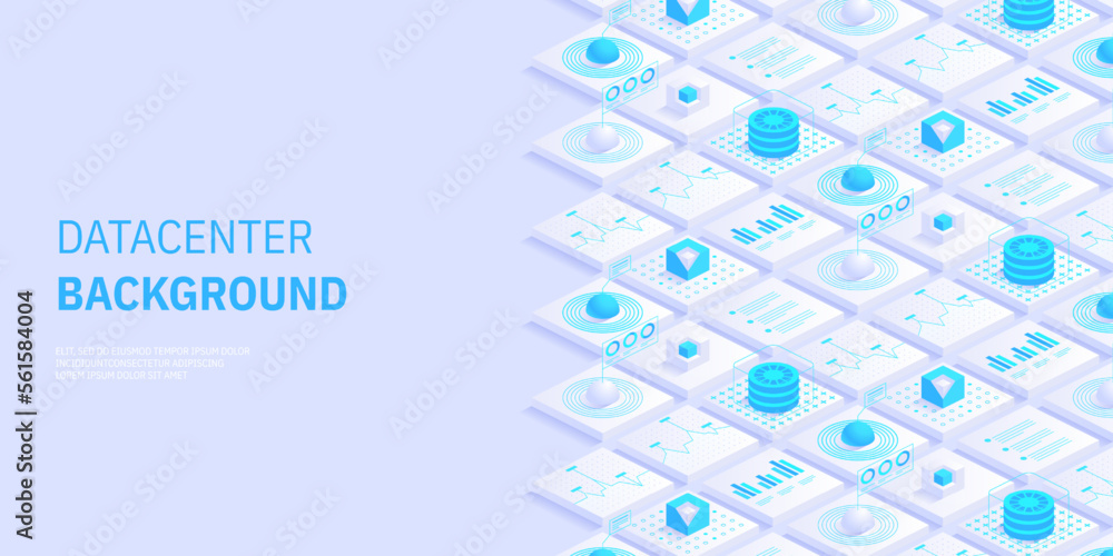 Poster abstract datacenter or blockchain vector isometric background hosting server room cloud storage tech