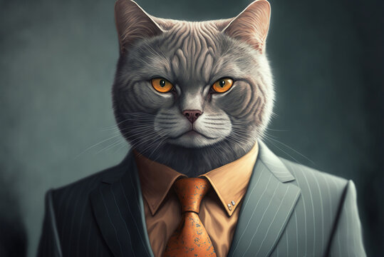 portrait of a cat dressed in a formal business suit, generative ai